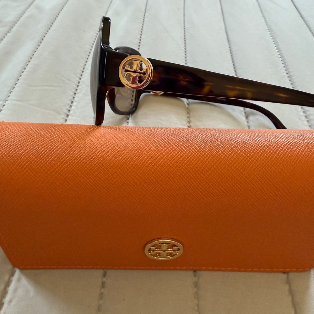 Tory Burch Tortoiseshell Sunglasses with Bright Orange Case